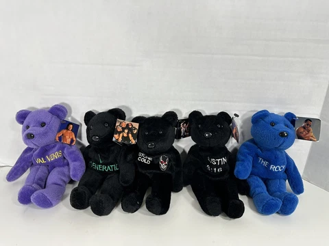 Vintage Wwe Wwf Attitude Bean Bag Plush Bears Set Of 5 With Tag 9 Inch Wrestling Cover
