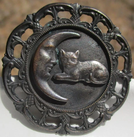 Vintage Antique French "CAT & MAN IN MOON" Nouveau Pierced White Metal Button Cover