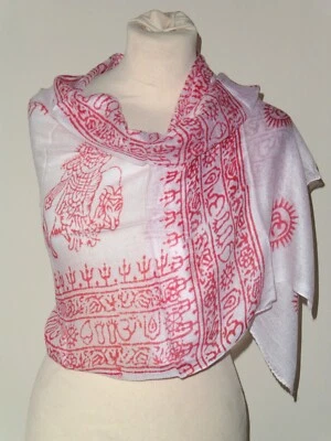 Small Hindu/Buddhist Scarf White/Red Om Ganesh Buddha Natraj Shiva Krishna