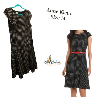 Vestido para mujer Anne Klein cuello redondo manga gorra lunares talla 14 negro rojo nuevo con etiquetas Foto 1 de 4