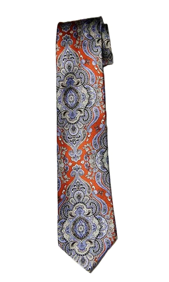 Gravata de seda Tasso Elba laranja azul cinza preto marrom padrão pergaminho masculina - Imagem 1 de 1