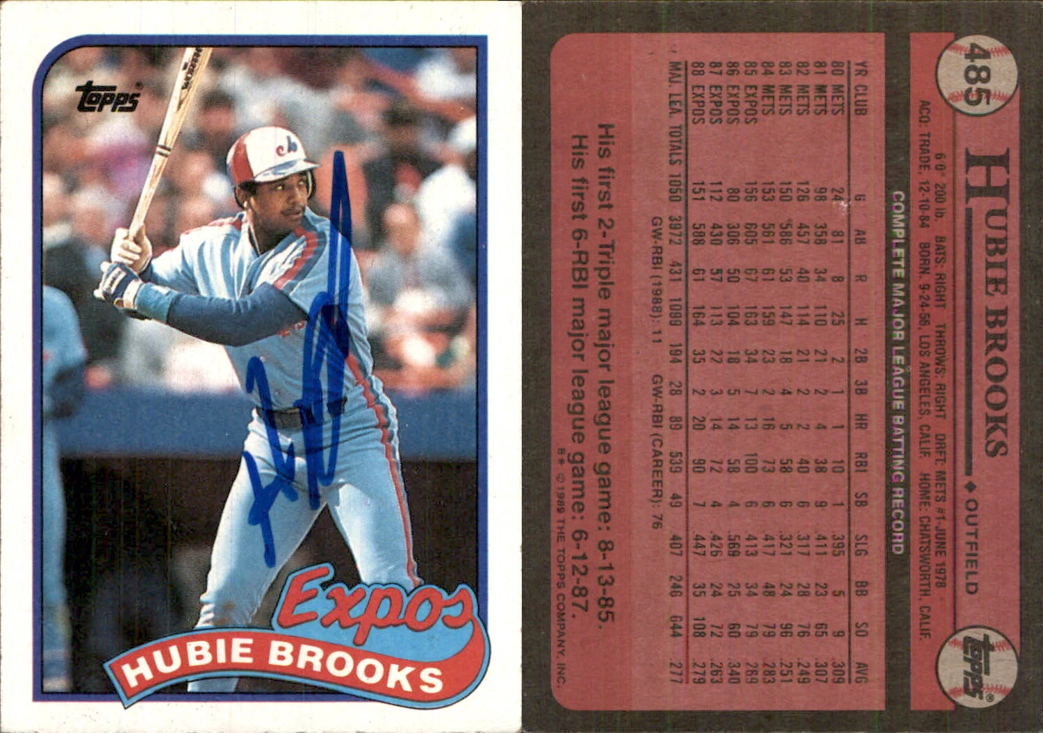 Hubie Brooks Signed 1989 Topps #485 Card Montreal Expos Auto AU