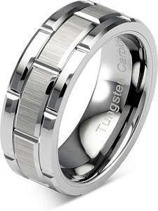 Tungsten Rings for Men Wedding Band Silver Brick Pattern Brushed Engagement Prom - Picture 1 of 6