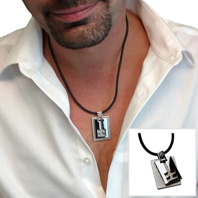 Rochet Shine Mens Pendant Necklace Textured Stainless Steel 1.75" Necklace 20" - Image 1 of 2