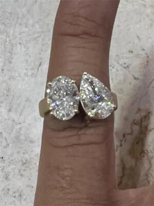 VS F 4.00Ct Oval & Pear Solitaire Lab Grown Diamond Ring 10K Yellow Gold 12.10MM - Picture 1 of 11