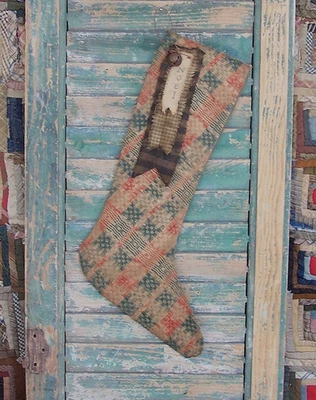 Rustic Primitive Christmas Stocking made from Antique Coverlet #2 - ARTISAN MADE - Image 1 of 4