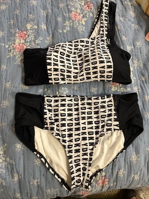 DKNY Women’s Two Piece Black and White Zipper Swimsuit - Image 1 of 4