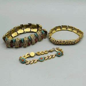 Lot of 3 Goldtone Metal Bracelets with Small Stones Costume Jewelry - Picture 1 of 20