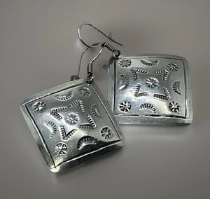 Taxco TO-68 Southwest Stamped 925 Sterling Square Drop Hook Earrings 13.5g - Picture 1 of 8