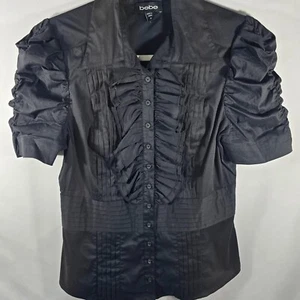 Bebe Doppel Rüschen Kurzarm Rüschen Button-Down Top mit Falten Gr. M (OO-01) - Bild 1 von 10