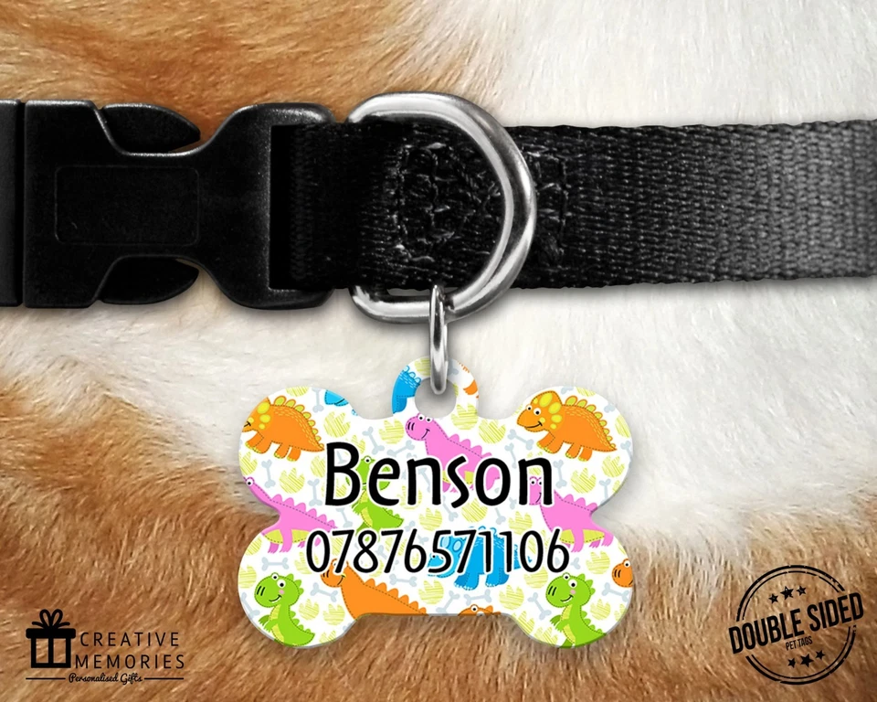 CREATIVE MEMORIES UK Personalised Pet ID Tag - ID Tag - Dog Tag - Dog Tags - Cartoon Dinosaurs