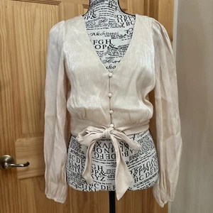 Lush Women's Blouse S Tie Front Texture Stripe Long Sleeve Champagne Sparkly Nwt - Picture 1 of 8