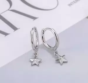 925 STERLING SILVER STAR HOOP EARRINGS, STAR EARRINGS, GIFT BAG - Picture 1 of 2
