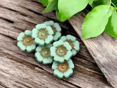 *12* Cuentas de flores hawaianas de vidrio checo turquesa opaco lavado bronce de 12 mm Foto 1 de 4