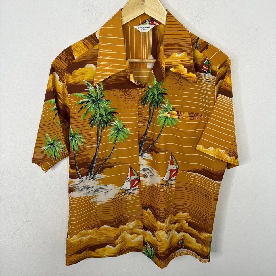 Camisa GVH Estampado Hawaiano Para Hombre Botón Naranja Verde Talla M/L Hawaii Años 60 70 Foto 1 de 4