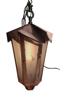 Lámpara linterna colgante con pantalla de vidrio corte cobre mediados de siglo 20" Foto 1 de 4