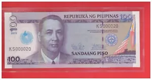 2013 ( 2014 ) PHILIPPINES 100 peso piso IGLESIA NI CRISTO Low No. KS 000020..UNC - Picture 1 of 3