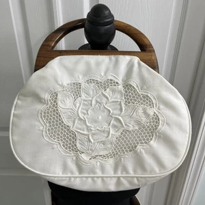 Bolso de Mano Vintage Cartera Asas de Madera BLANCO Bordado Encaje - Imagen 1 de 9