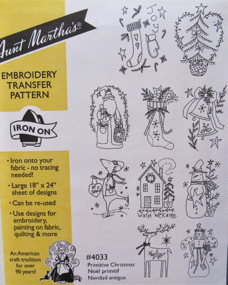 Aunt Martha's 4033 PRIMITIVE CHRISTMAS Stitchery Embroidery Transfer Pattern NEW - Image 1 of 1