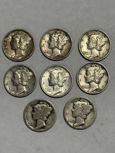 ot of 8 Mercury Silver Dimes – 1917, 1918, 1940, 1941, 1942, 1943, 1944 - Picture 1 of 3