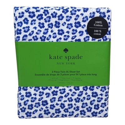 Kate Spade 3 Piece Twin XL Sheet Set Cotton Blue Leopard Print Nighttime - Image 1 of 4
