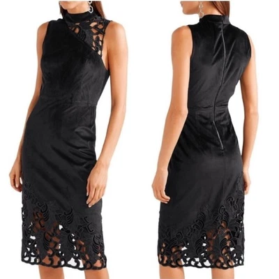 Alice + Olivia Kiana Black Velvet Lace Cutout Sheath Dress High Neck Cocktail 8 - Image 1 of 4