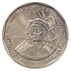 1991 DOMINICAN REPUBLIC 500th ANNIVERSARY DISCOVERY OF AMERICA 1 PESO COIN - Picture 1 of 2