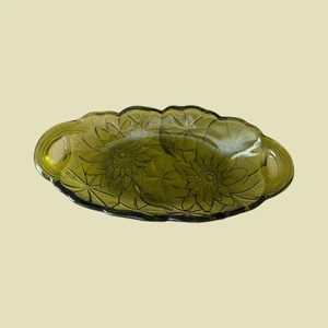 Vintage grüne Glas Sonnenblumen Servierschale - Henkel gepresst Relish Tablett 70er Jahre - Bild 1 von 3
