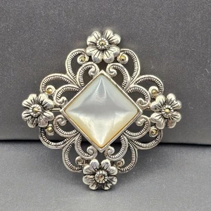 VTG 925A Sterling Silver MOP Brooch 1.25" Floral Cutouts Art Nouveau 11.41g - Picture 1 of 8