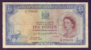 RHODESIA & NYASALAND P-22a. 1960 5 Pounds - QE.11 Portrait.. Fine - SCARCE - Picture 1 of 2