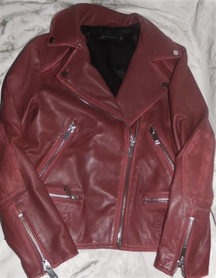 Jaqueta de motociclista Zara feminina (vintage) vermelha escura couro de ovelha desgastado tamanho M (nova sem etiquetas - Imagem 1 de 4