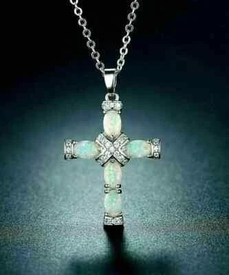 3Ct Oval Cut Fire Opal & Diamond Cross Women's Pendant 14K White Gold Finish - Image 1 of 3