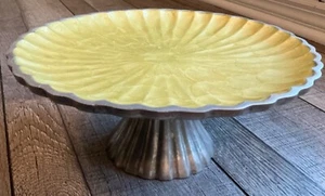 Pedestal Bowl 8" Hand Cast Aluminum India Signed Julia Knight Mother of Pearl - Picture 1 of 4