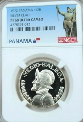 Panamá 1972 plata 1/2 Balboa Vasco Núñez NGC PF 68 ultra camafeo escasa belleza Foto 1 de 4