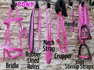CERISE PINK BRIDLE REINS STIRRUP MARTINGALE HANDLE NECK STRAP SHET PONY COB F/S - Picture 1 of 48