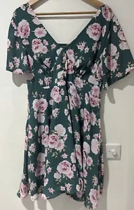 Ally Womens Green Floral Shortsleeve Dress Size 14 Pink Flowers Summer Romantic - Picture 1 of 10