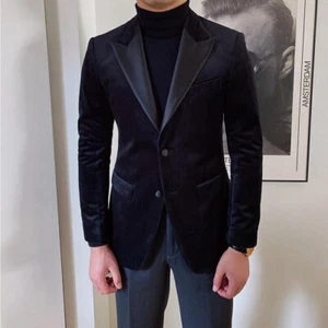 Men's Suit Jacket Black Velvet Vintage Gentleman Business Groom Suit - Picture 1 of 4