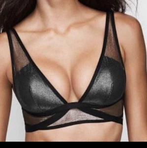 Victoria Secret Bra M Bralette Black Silver Foil Mesh Shine and Plunge - Picture 1 of 2