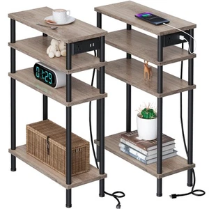 Narrow Side Table with Charging Station, 4 Tier Small End Tables Set of 2 wit... - Picture 1 of 6