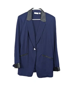 Blazer Susan Graver Talla 12 Ponte Tejido Azul con Borde de Cuero Sintético Negro Carrera - Imagen 1 de 18