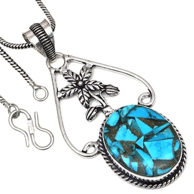 Colgante Azul Cobre Turquesa Piedras Preciosas Hecho a Mano Étnica Plata Joyería 2.25" Foto 1 de 4