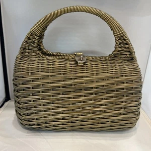 Lesco Lona Vintage geflochtenes Rattan Geflecht hellbraun grün Fuß Mid Century Handtasche Tasche - Bild 1 von 11