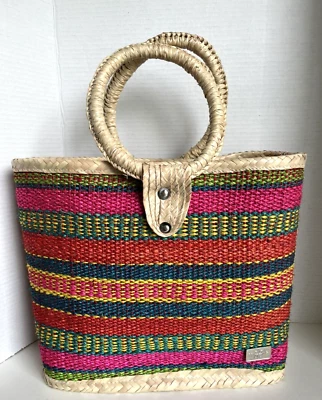 Bolsa tote listrada multicolorida padrão tecido palha com alças redondas duplas - Imagem 1 de 4