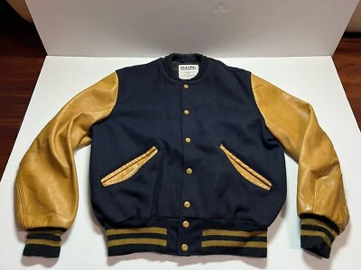 Vintage Delong Wool Varsity Jacket Sz 38 Made USA Dark Navy Gold Mustard Blank - Image 1 of 4