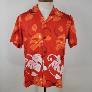 Vintage 1960s Hookano Orange Floral Hawaiian Tiki Cotton Button Up Shirt Mens M - Picture 1 of 12