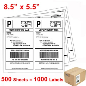 1000 Shipping Labels 8.5x5.5 Half Sheet Blank Self Adhesive 2 Per Sheet - Picture 1 of 9