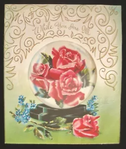 Vintage While You Are krank Gruß Prägekarte rosa Rosen unter Glaskugel - Bild 1 von 11
