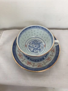 Vintage Chinese Tea Cup & Saucer Set Rice Blue White Linglong Dragon Multicolor - Picture 1 of 20
