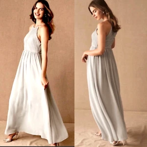 BHLDN Womens Madrie Dress 8 Fog Gray Bridesmaid Gown Chiffon Pintuck Halter Maxi - Picture 1 of 13