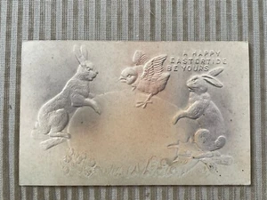 Antique Easter Postcard Egg, Rabbits, Chick Embossed Airbrushed Posted 1908 - Picture 1 of 12